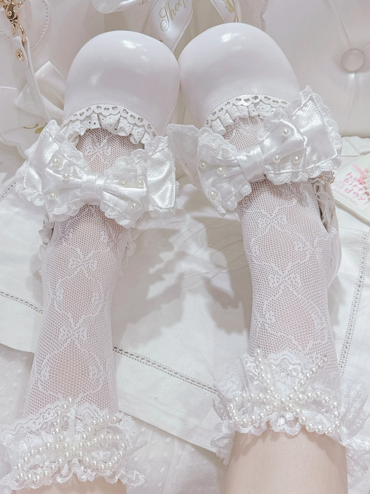 in Bow Sweet with Lace-Trimmed Mid Strap White Beaded Clasp Lolita Heart Heels