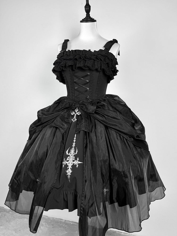 Black with Jumper Gothic Overlay Drawstring Boned Detachable Waist Lolita Skirt