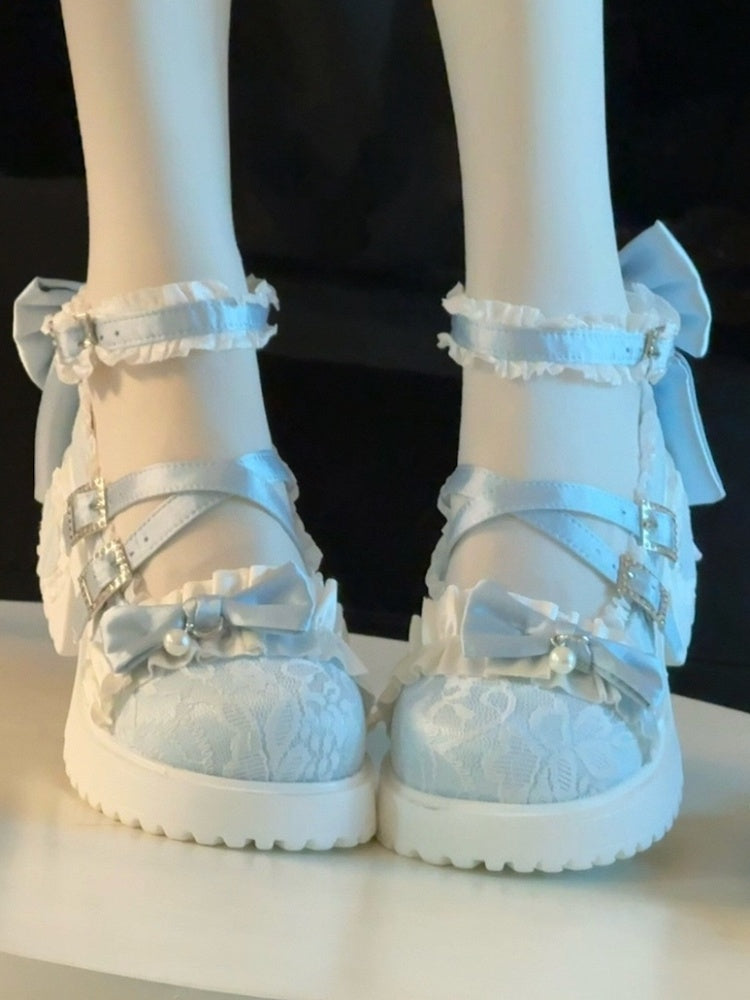 Baby Blue Sweet Lolita Mid Heels - Ornate Crystal Fastener, Ruffle Details & Crisscross Design