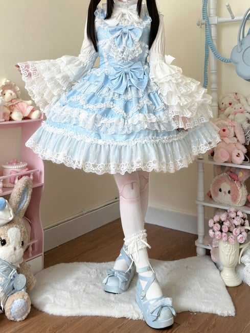 White Decorated Lace Bows Hanayome Jumper Blue Lolita Skirt Dress Trims
