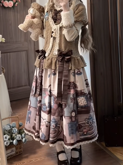 Trimmed Brown Lace Sweet Skirt Sheep's Print Home Lolita