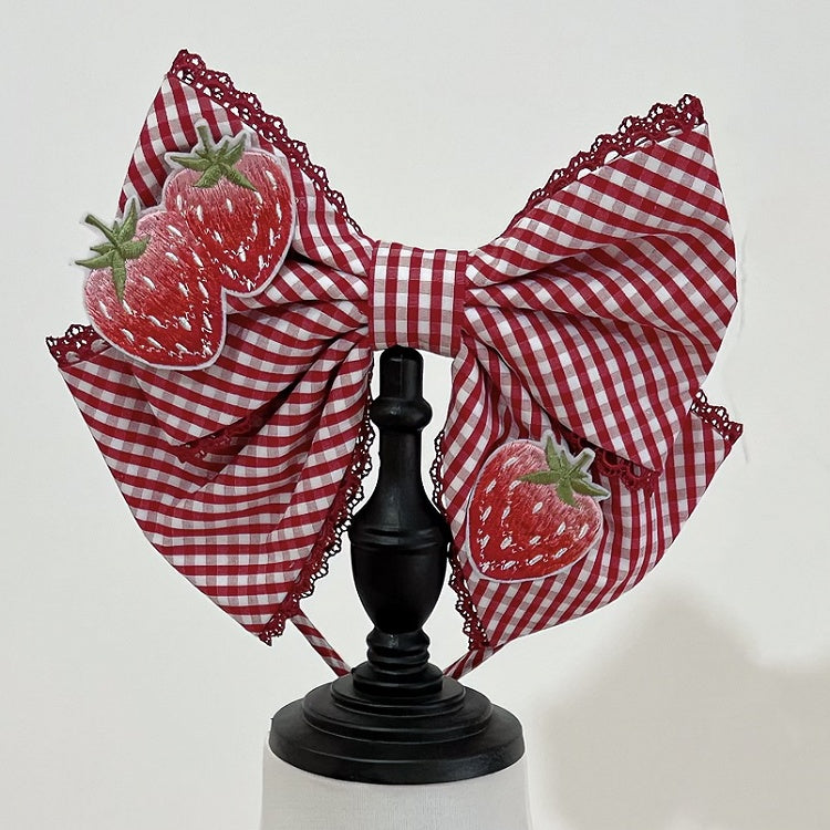 刺繍ストロベリーKC柄蝶結びパッチチェック柄ピンク