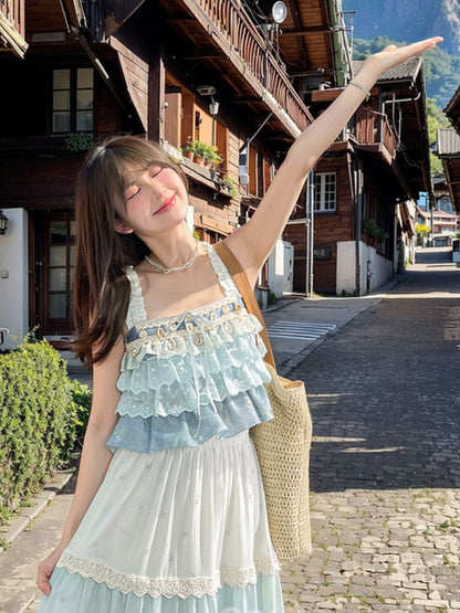 ノースリーブトップ シェルチャーム ティアードフリル ブルー