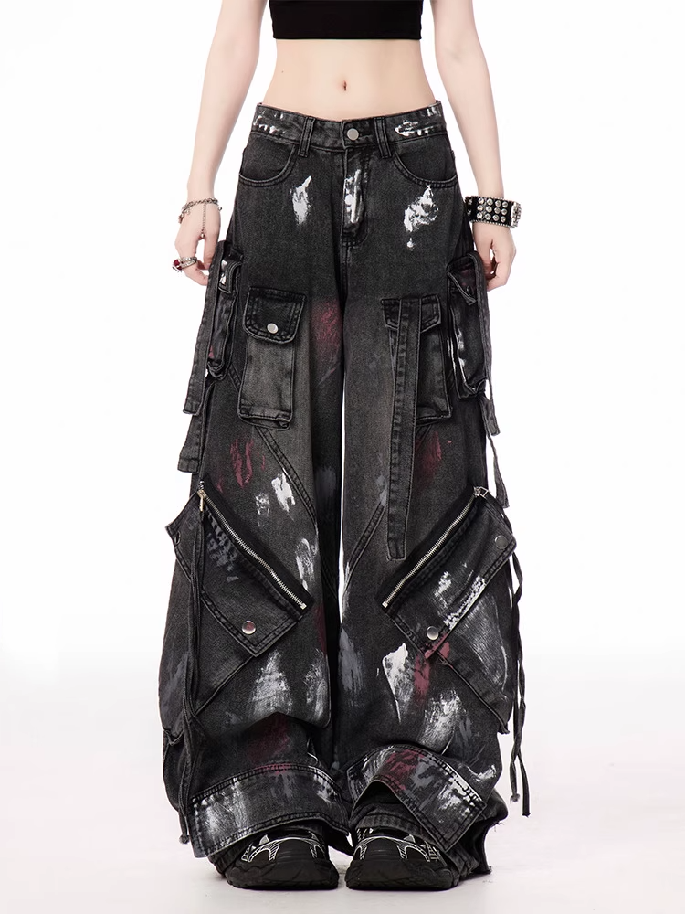 Details Jeans Reißverschluss Spray Paint Print Taille Weites Bein Cargo Schwarz Niedrig