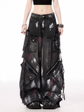 Details Jeans Reißverschluss Spray Paint Print Taille Weites Bein Cargo Schwarz Niedrig