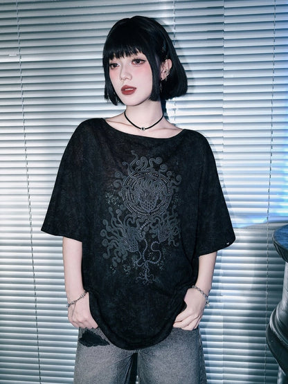 Black Detachable Sleeve UV Tee with Sea Lily Print - Quirky Hut