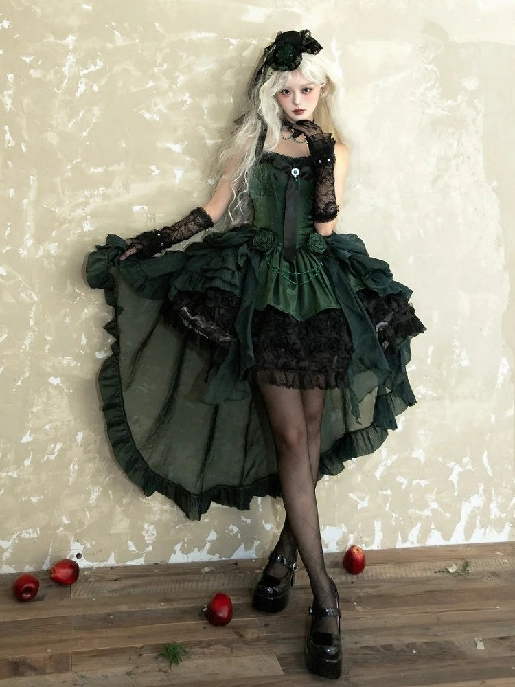 Black Lolita Bouquet Boned with Rose Dress Strapless Hem Green Gothic