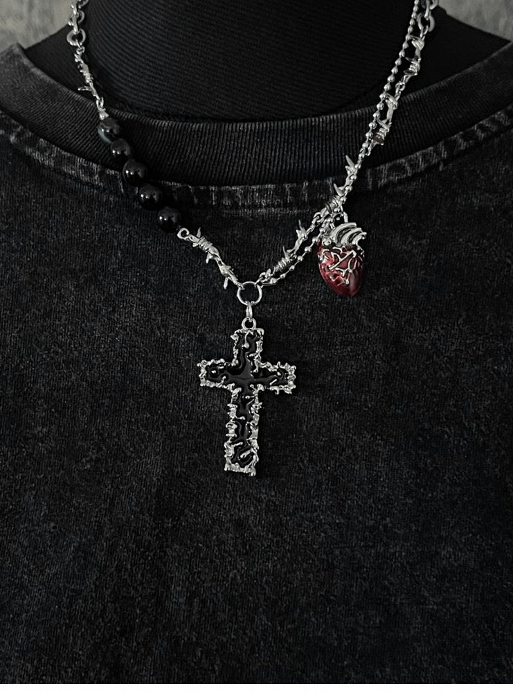 シルバークロスサンドハートペンダントソーンネックレス