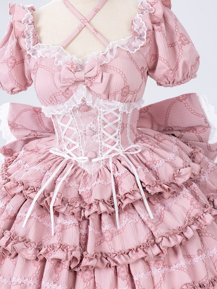 Pink Back with Dress Waist Big Corset Princess Lolita Skirt at Ruffle OP Bow