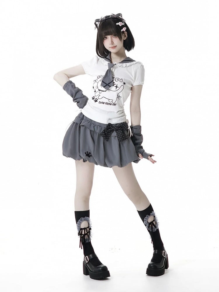 Side Armwear Free Ears with T-shirt Kitty Design Sailor Collar White Drawstring
