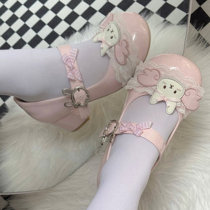 Mary Winged Low-heel/Mid-heel with Lace Patch - Bunny Lolita Buckle Rabbit Trim Pink Janes Sweet