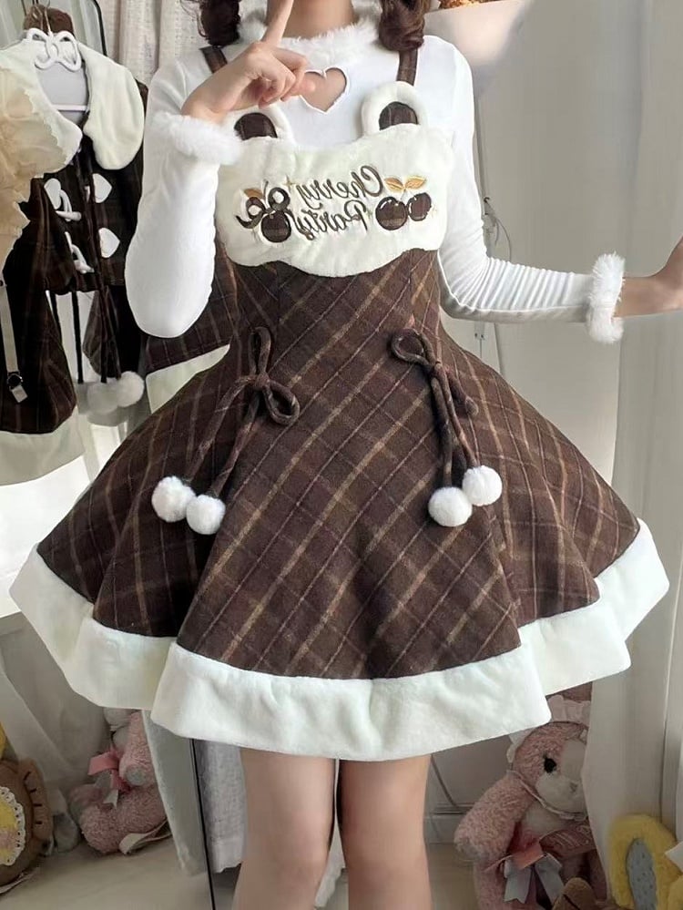 Süß mit Kirsch-Pom-Poms kariertes braunes Kleid für Herbst und Winter Lolita