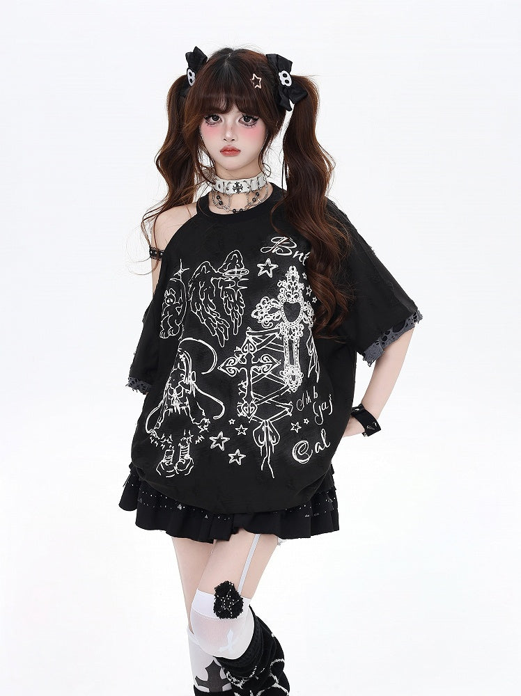 ブラック/ベージュ カットアウトショルダー グラフィティ ビタースイート Tシャツ エンジェルラッキー