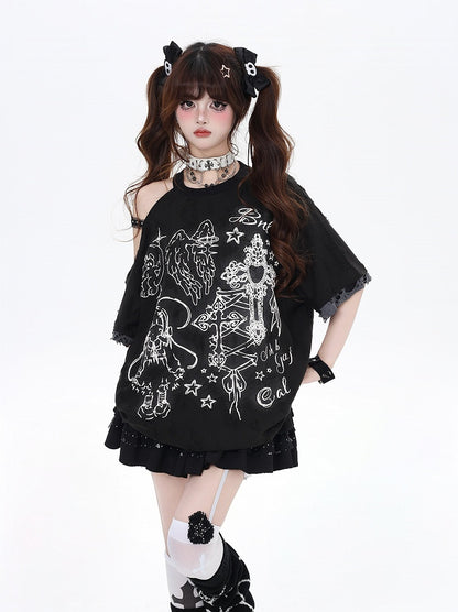 ブラック/ベージュ カットアウトショルダー グラフィティ ビタースイート Tシャツ エンジェルラッキー