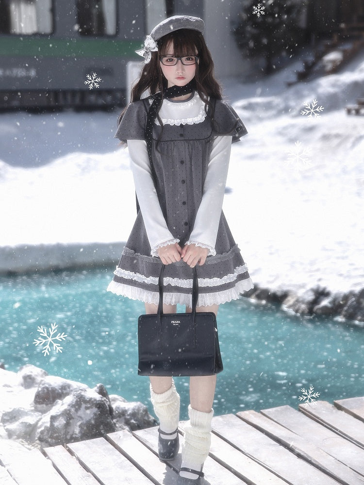 Dress Two-Piece Kei Dot Fake Sleeve Polka Jirai Ruffled Gray Long