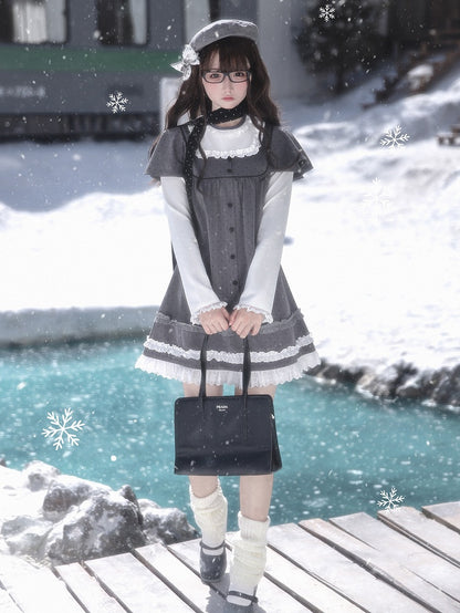 Dress Two-Piece Kei Dot Fake Sleeve Polka Jirai Ruffled Gray Long