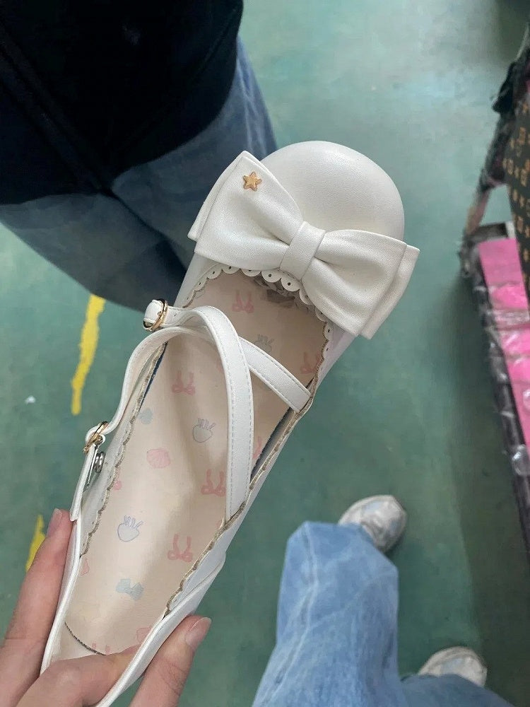 with Sweet Leather Jane PU Lolita White Snap Mid-heel Mary Shoes Round