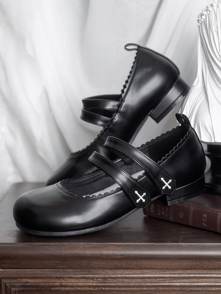 Flats Strap Embroidery Velcro Round Black Toe Cross Gothic Closures