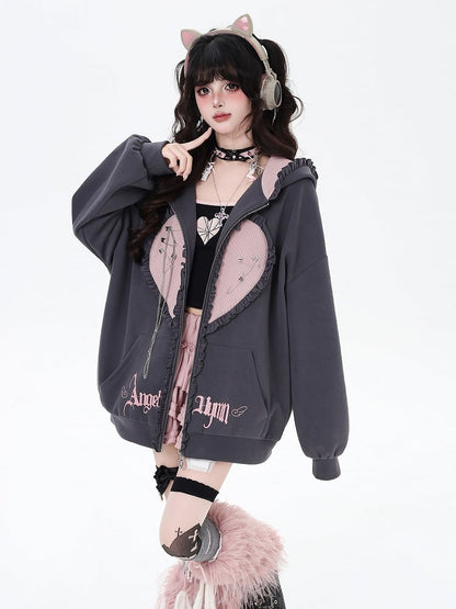 Black/Gray Ruffle Trim Zip-Up Hoodie with Bunny Ears and Sweetheart Applique
