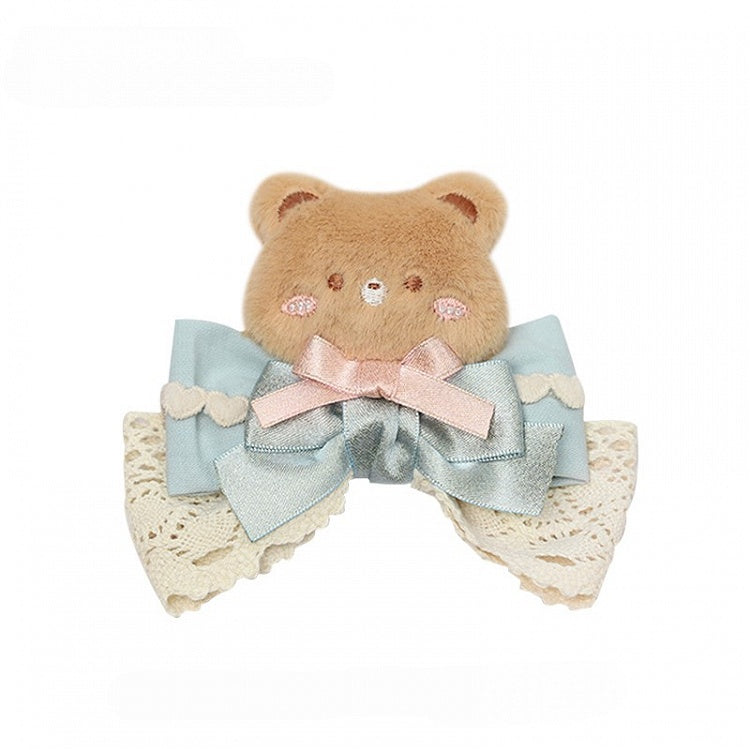 Pink/Green/Brown Hairclip Bow Accent Lace Bear Lolita with