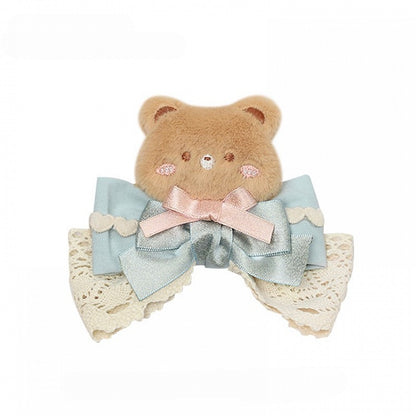 Pink/Green/Brown Hairclip Bow Accent Lace Bear Lolita with