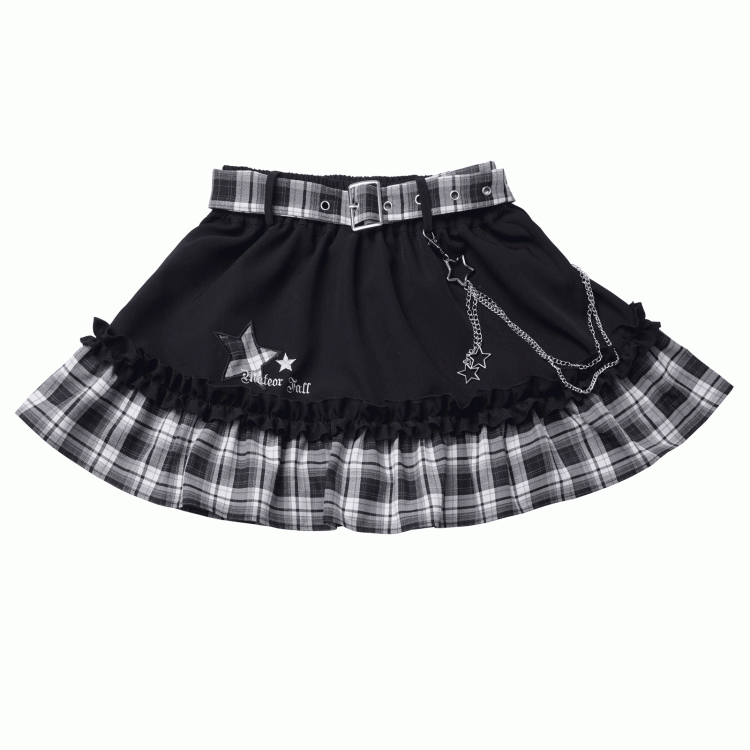 Chain Idol with Detachable Tiered Plaid Skirt Belt Black Waist Punk
