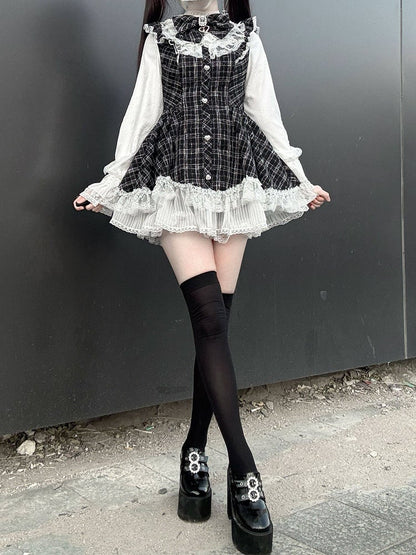 Shorts Jirai Trim Dress Matching Plaid Bow Black + Set White Rhinestone Kei Lace Long Sleeve