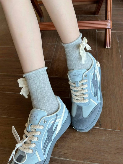 Ribbed Ankle Socks with Bowknot in Three Colors - Xi Shang Mei Shao