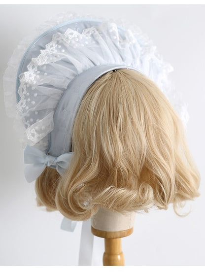 Lace Bowknot Details Clips Sweet Lolita Decorated Beaded Bonnet With Light Trim Blue