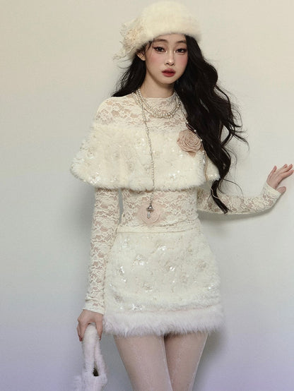 Aprikosenblüten verziertes Plüsch-Schal-Spitzenoberteil mit langen Ärmeln