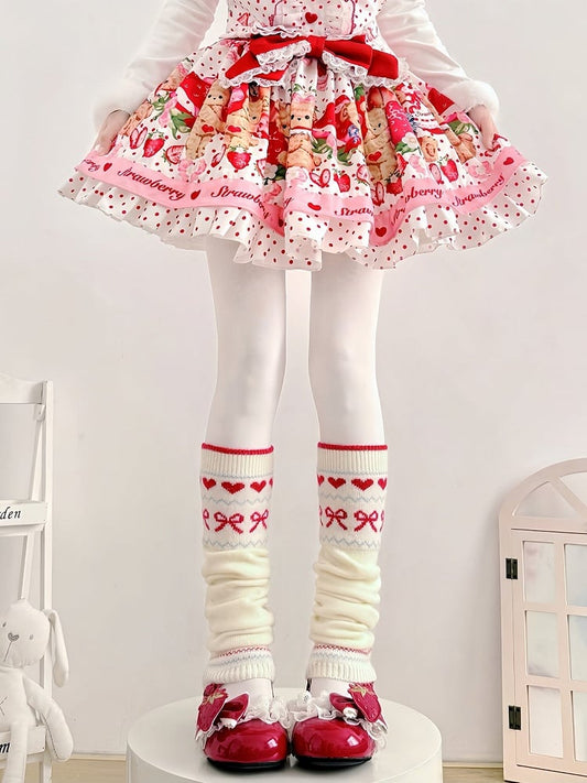 Heart Leg Knit Colors Warmers Cream -3 Bow