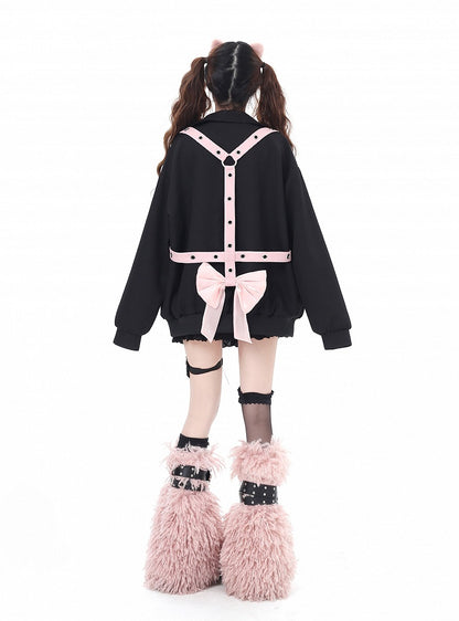 Black Heart-shaped Snap Baseball Jacket with Detachable Bowknot Strap