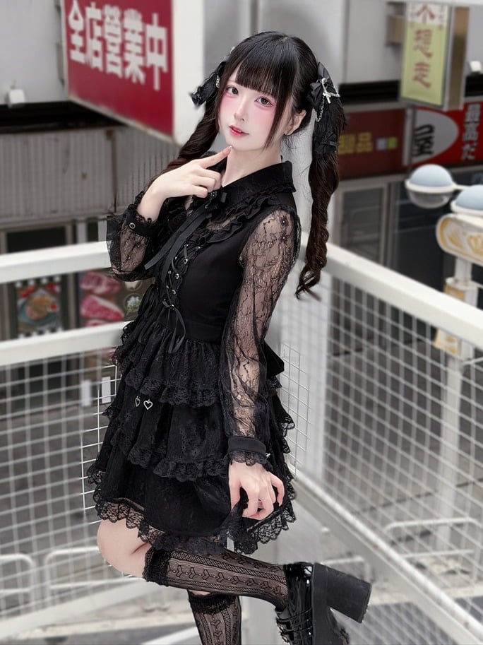 Black Lace Tiered Ruffle Dress with Bow Accents - Puppet Bombs