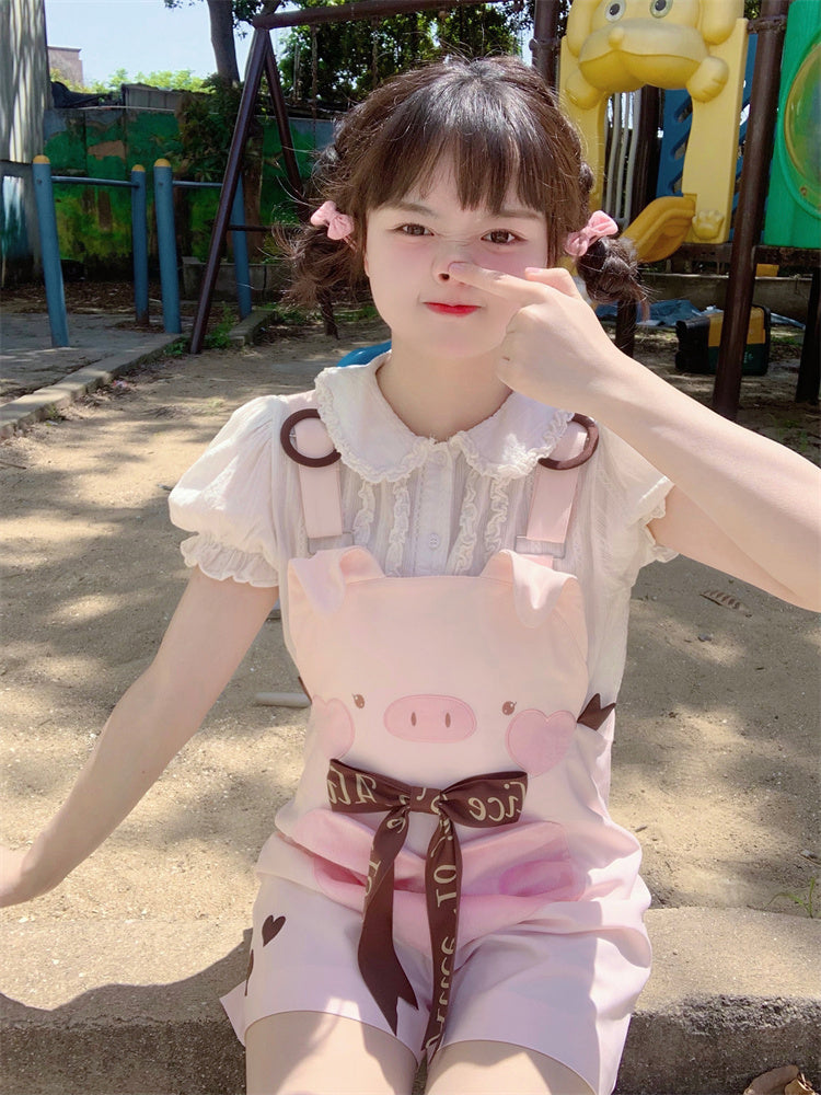 Adorable Piggy Pattern Bubble Shorts Overalls Pink