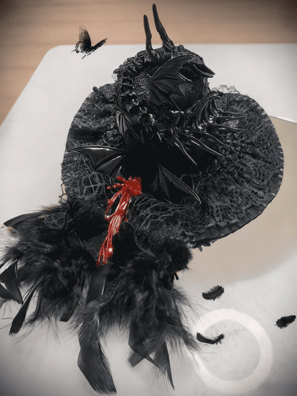 and White Gothic Decor Dragon Mini Feather / Bone Black Hat with Lolita