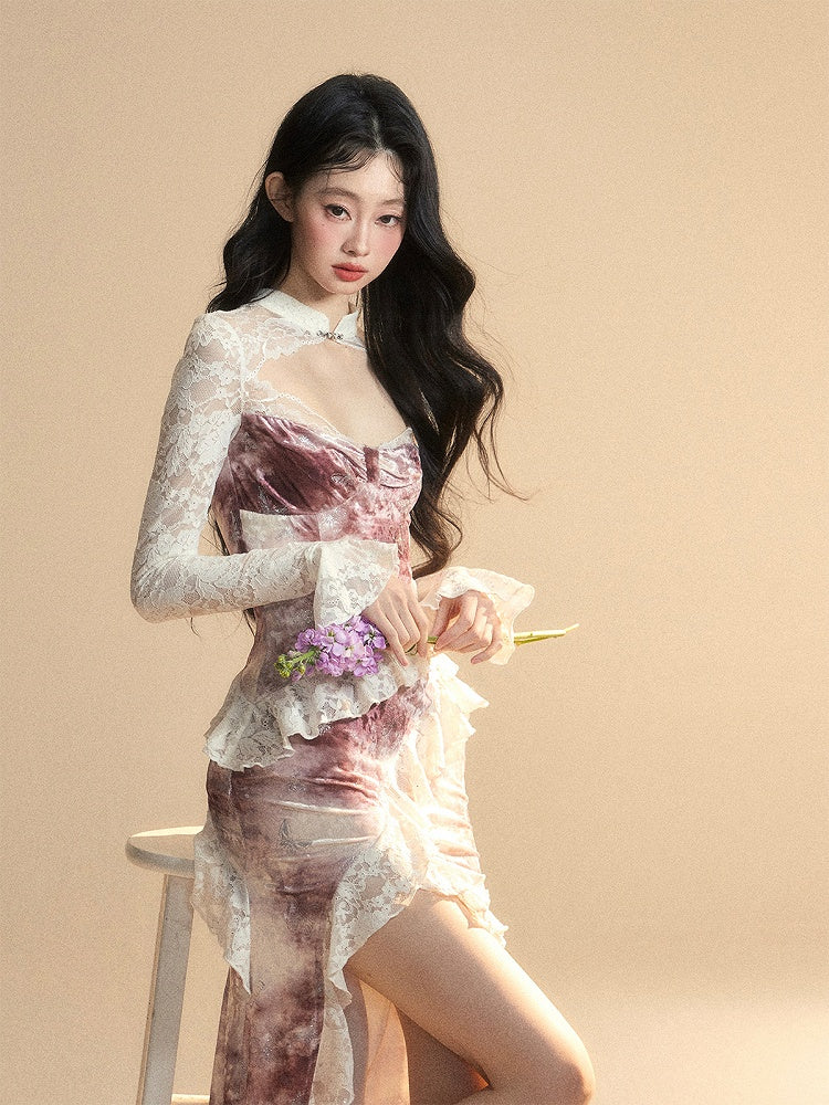 Seitlichem Ziegelrot Schlitz Vintage Saum Kleid Ärmel Cutout Detail Spitze Patches Rüschen