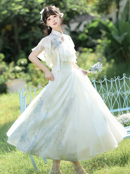 Lace Lolita White with Dress Shawl Classic Hydrangea Print Elegant