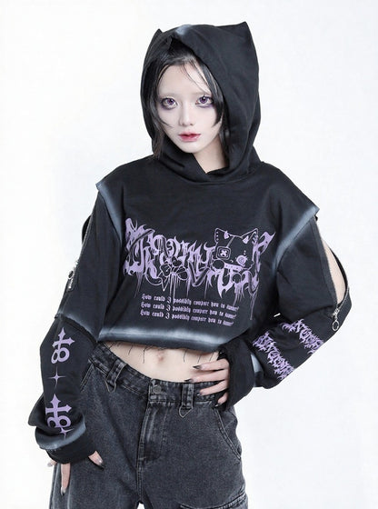 Dark Style Purple & Black Cat Symbol Graphic Cropped Hoodie with Shoulder Zip - Tribuo Flos