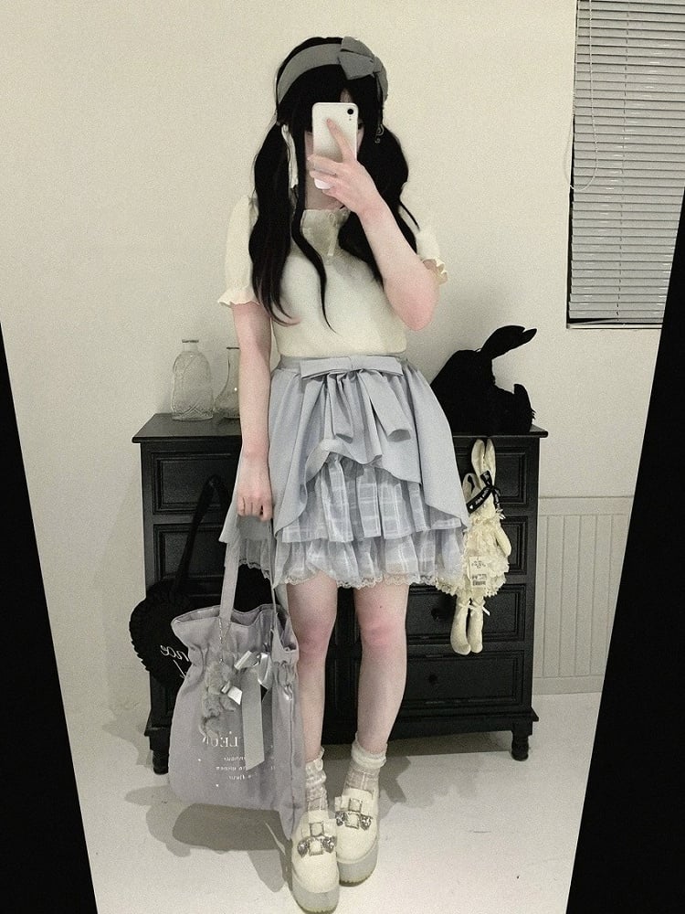 Blue/White/Black Plaid Tulle Skirt with Sash & Lace - Kitty Bxllet