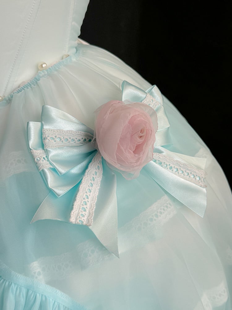 Grünes Balletcore-Trägerloses Puffkleid mit Taillenstäbchen und abnehmbarer Tüllschleppe