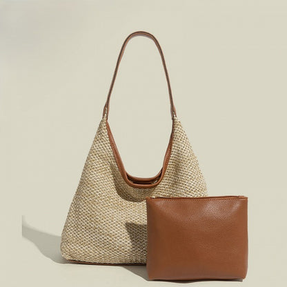 PU Strap with Shoulder Brown/White Straw Bags Woven Bag Nested