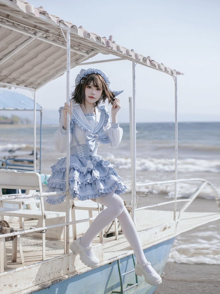 Sailor Collar Light Blue Bow Ruffled Accent Sweet Lolita Blouse