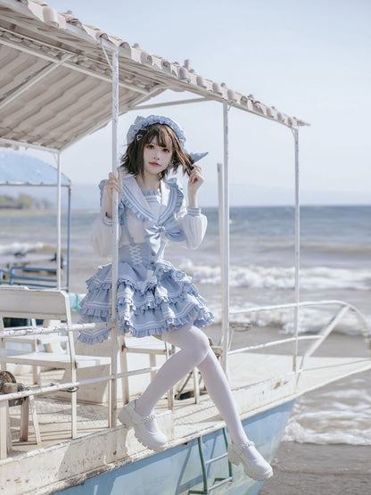 Overalls Light Flutter Sleeves Bow Accents Tiered Skirt Sweet Blue Lolita Dress