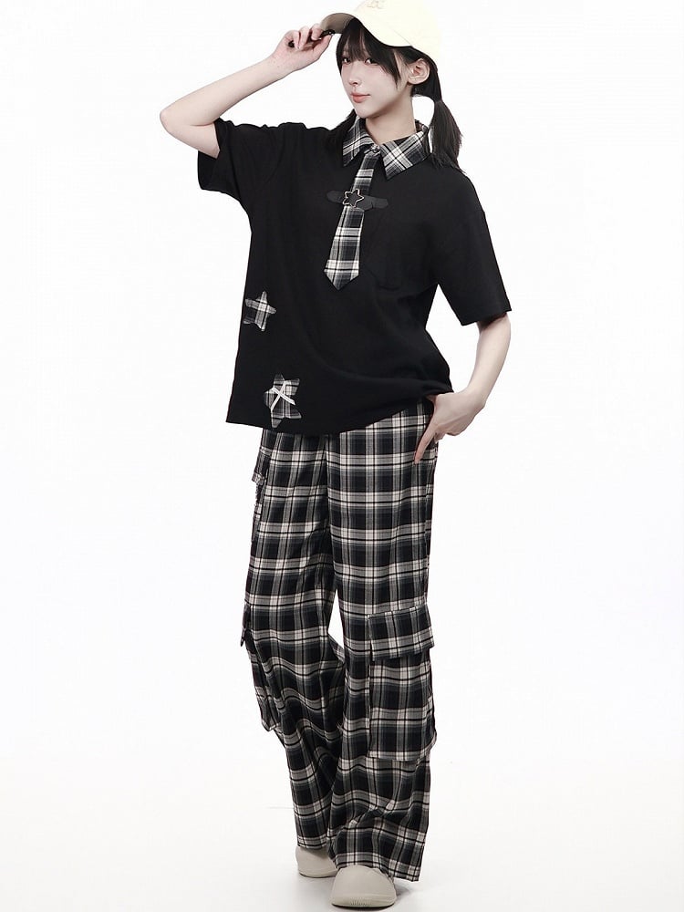 Preppy Plaid Shirt with Star Patches and Tie Details - PINK SAVIOR