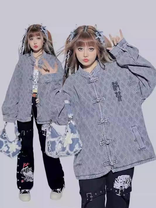 Denim Blue Round Neck Letter Loose Jacket