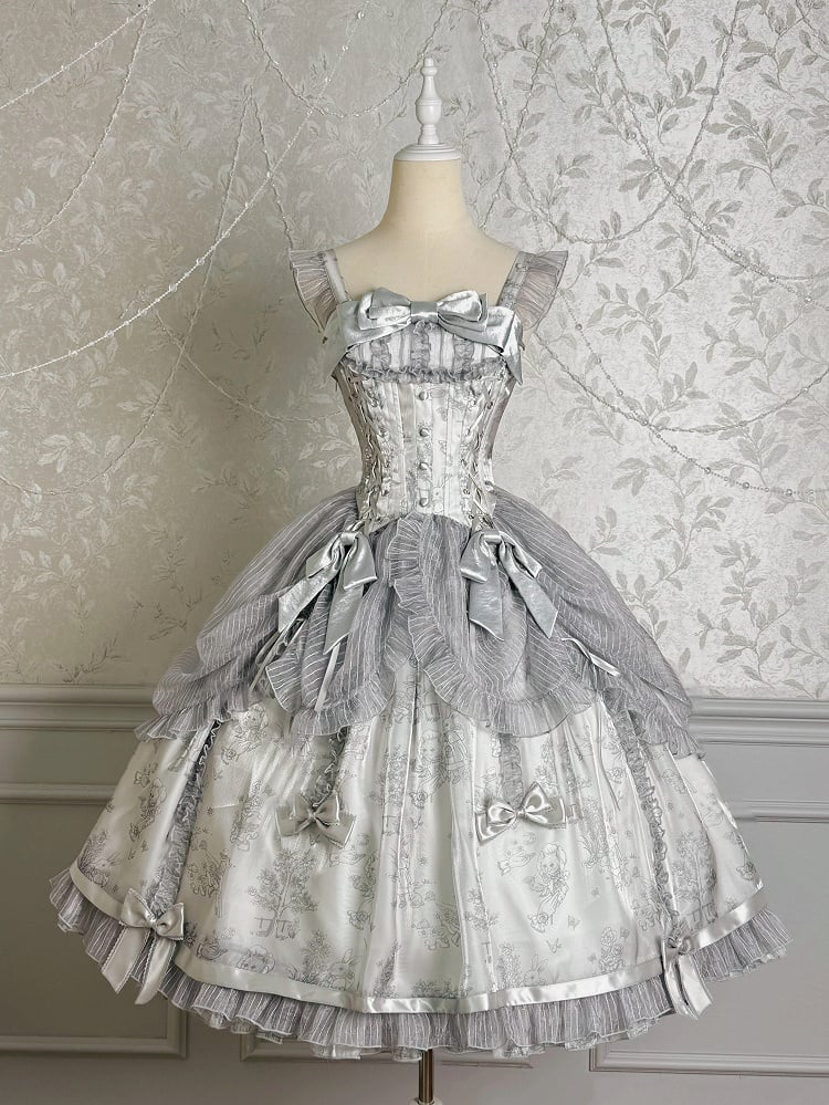 Gray Lolita Silver Skirt Corset Waist Jumper Overlay Drawstring