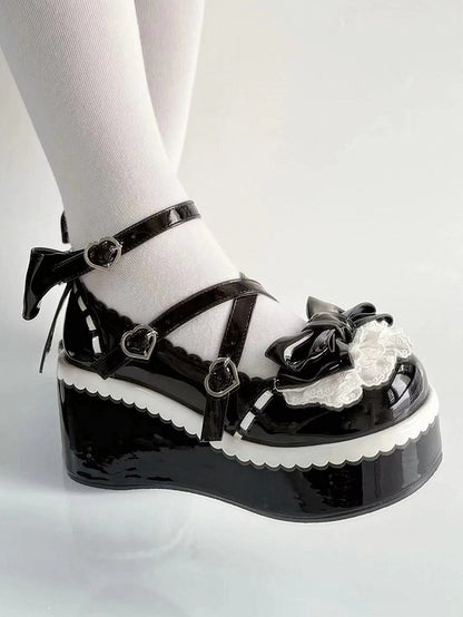 Black Design Sweet Platforms Scalloped Edge PU - Leather