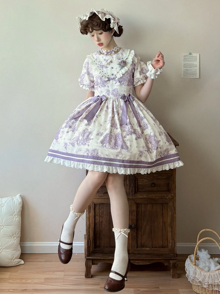 Purple Sleeves Lolita Dress Collar Peter Print Grapes Short Pan