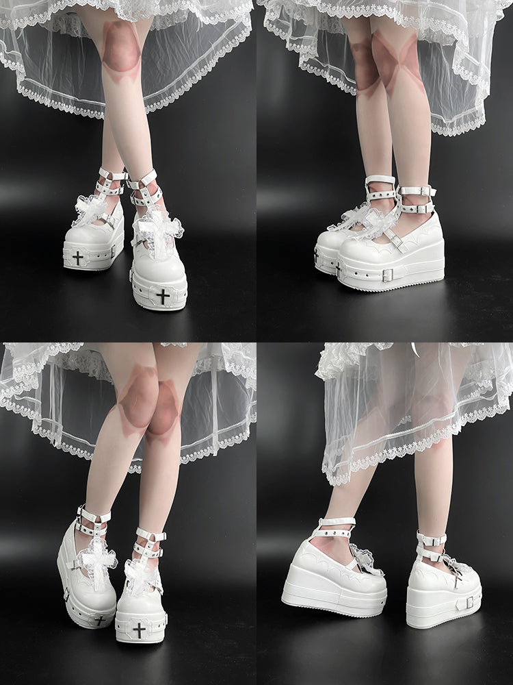 Matte White Gothic Lolita Lace Trim Cross Platform Shoes
