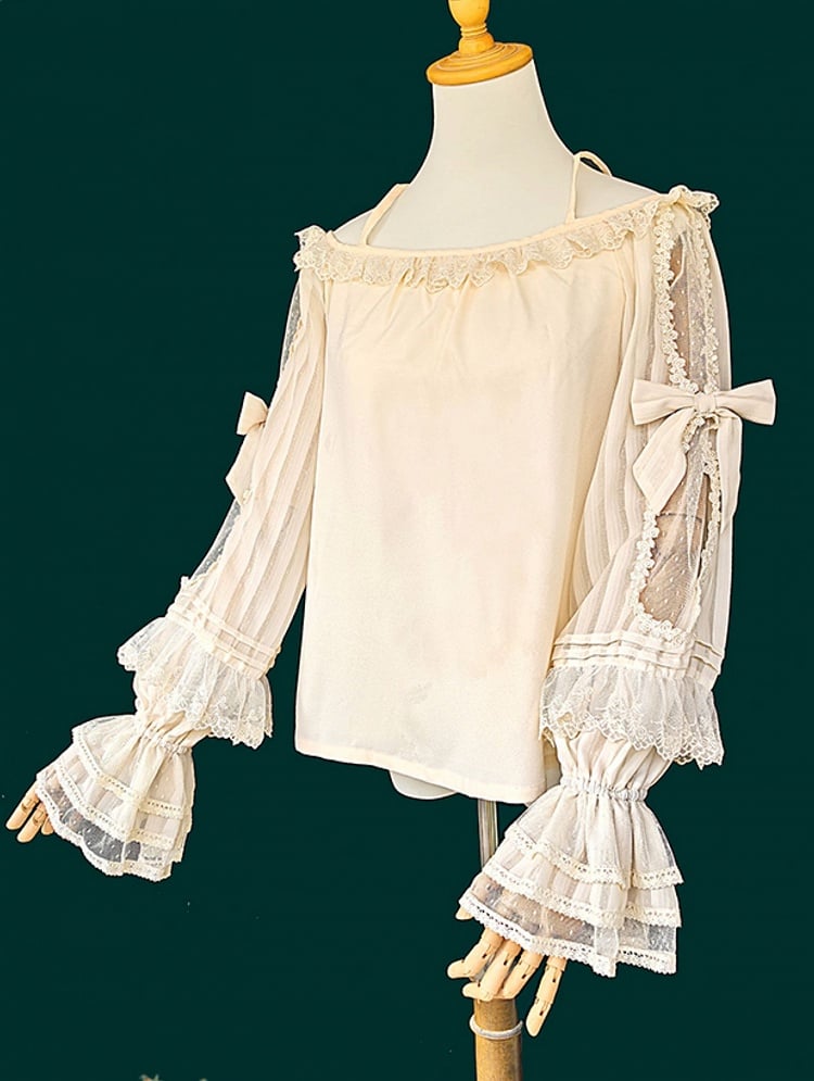 Lace Blouse Trim with Apricot Off-the-shoulder Neckline Lolita Sleeves Semi-sheer and